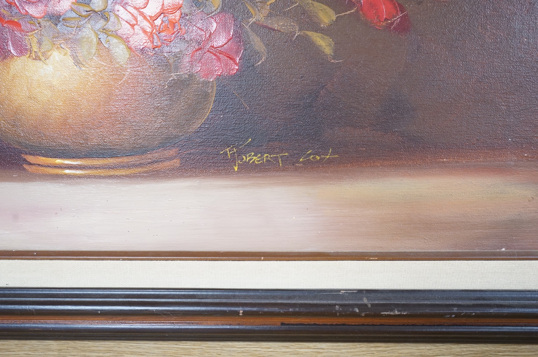 Robert Cox, Decorative study of flowers in a jug, signed, oil on canvas, 50 x 60cm